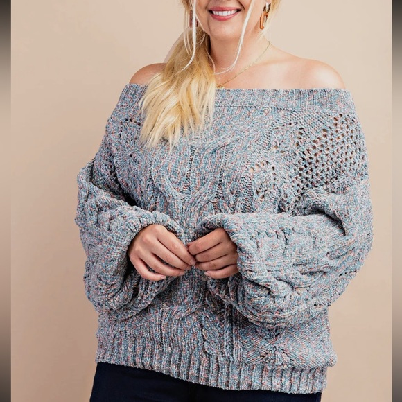Sweaters - Off-the-Shoulder Cable Knit Sweater - Heather Blue